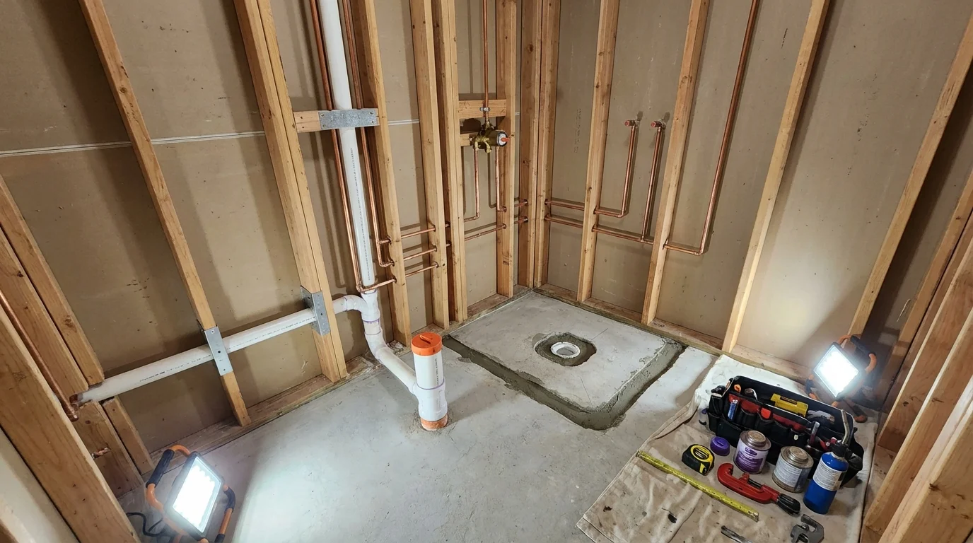 Bathroom rough-in plumbing during remodel by Johns Plumbing LLC in Seeley