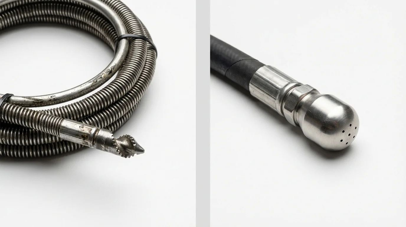 Drain snake cable and hydro jetting nozzle used for drain cleaning in Seeley, CA