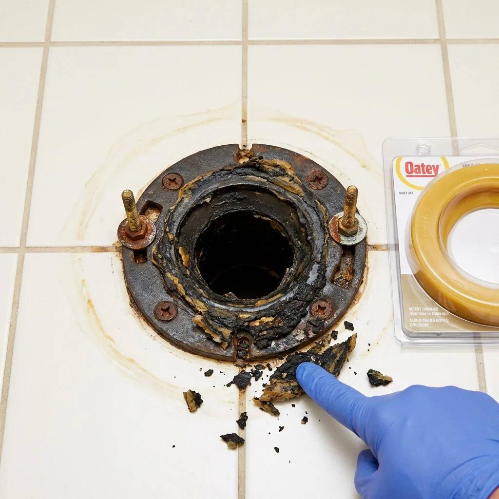 Failed wax ring showing water seepage at the base of a toilet in a Seeley, CA home